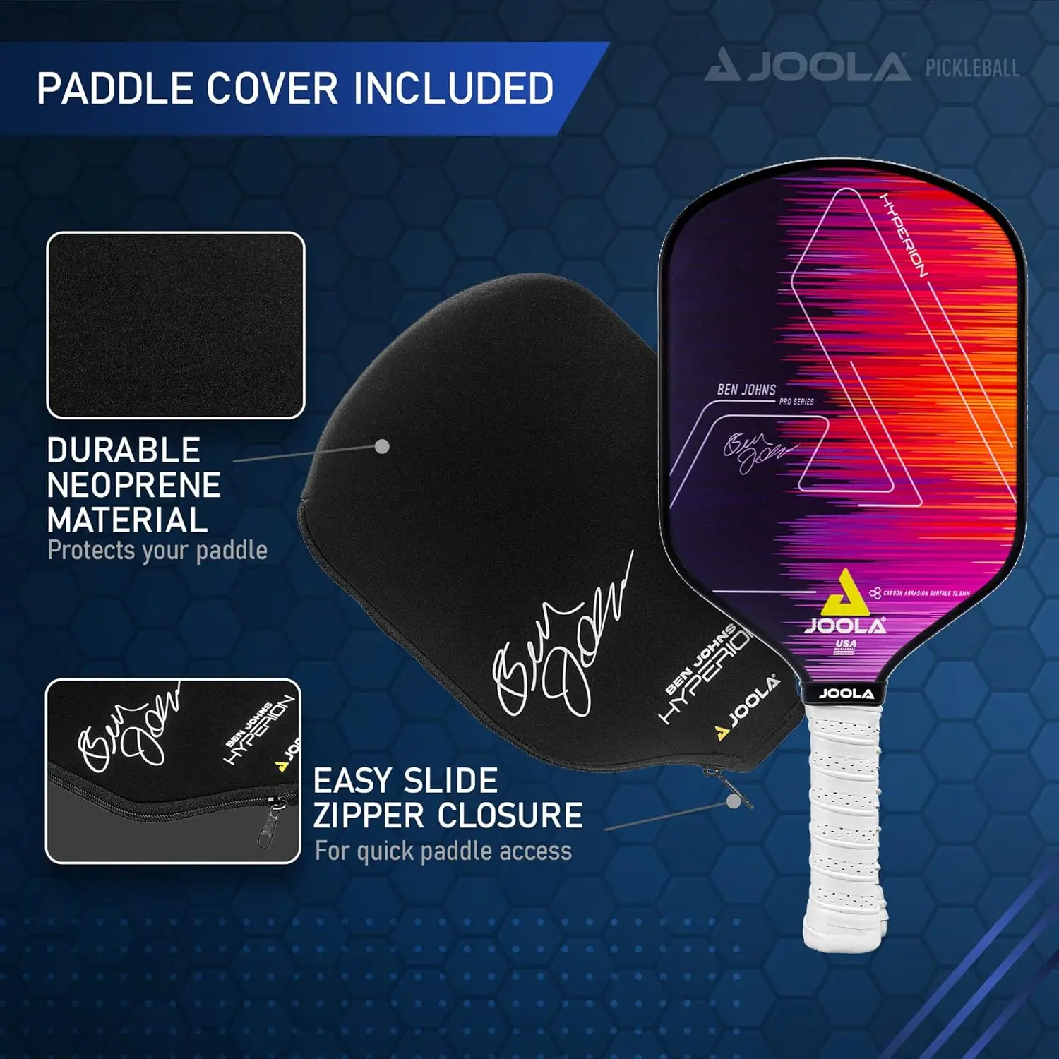 Joola Ben Johns Hyperion Pickleball Peddel-Carbon Surface & Sure-Grip Langwerpig Handvat-Verhoogd Vermogen En Spin - Carbon Fib