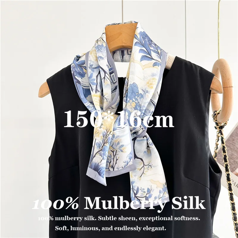 

100% Pure Silk Neckerchief Satin Long Silk Luxury Designer Print 150*16cm Office Business Hair Decoration High Quality Hairband