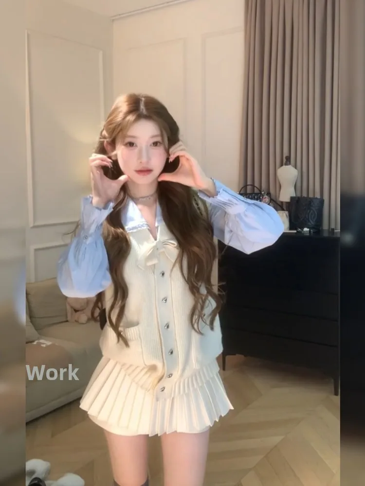 

Уникальный красивый комплект футболок, зимний модный жилет с милым узлом, верхняя плиссированная юбка, ансамбль Ele Classy