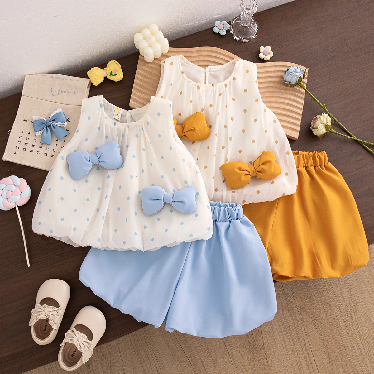 

Baby Girl Summer Set Vest Top And Shorts Two-Piece Set Sweet Bow Polka Dot Daily Outdoor Comfortable Wearing Children's Clothing