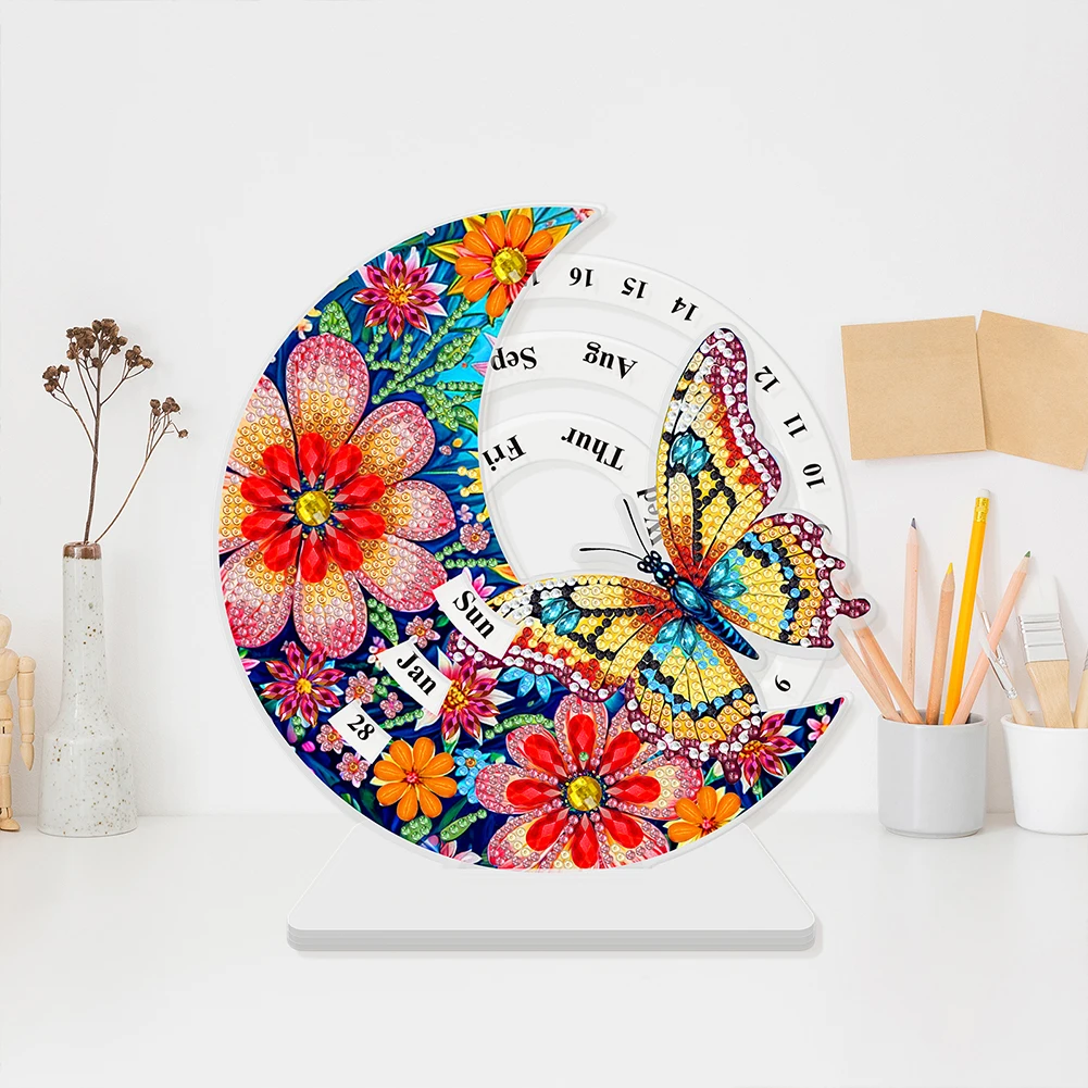 Acrylic Special Shaped Colorful Pattern Diamond Painting Calendar Ornament Diamond Art Desktop Perpetual Calendar for Beginners