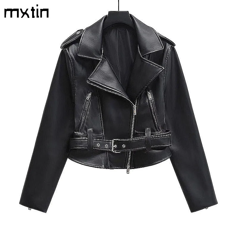 Women\'s Autumn Jacket Women Vintage Faux Leather Coat Fashion Lapel Collar Motorcycle Pu Overcoat Female Casual Tops Clothing