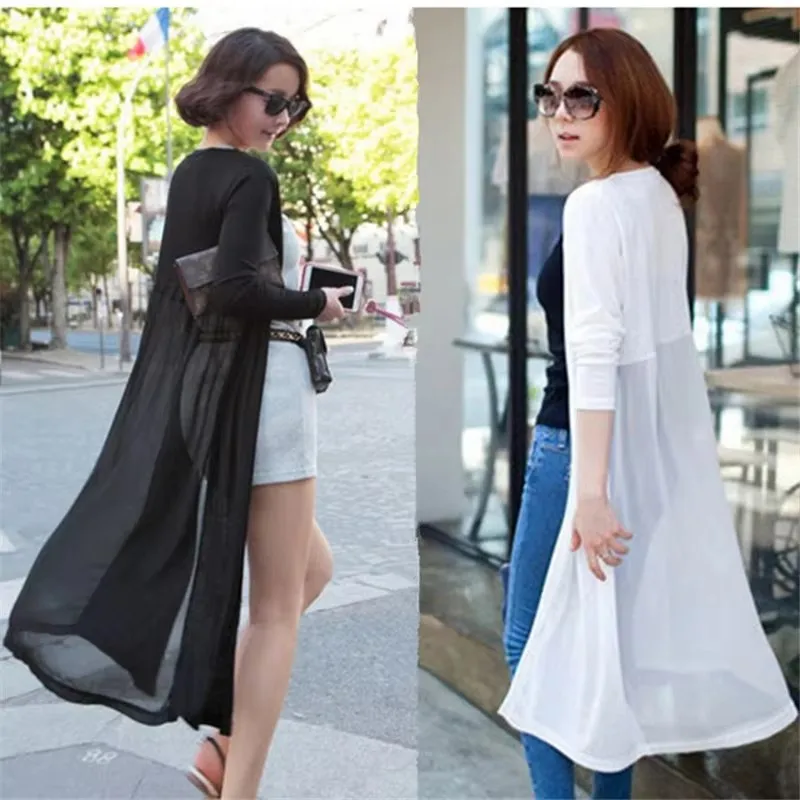 

Лето-Осенний повседневный тонкий длинный кардиган, женский шифоновый лоскутный модальный кардиган, куртка, женская солнцезащитная одежда с длинными рукавами