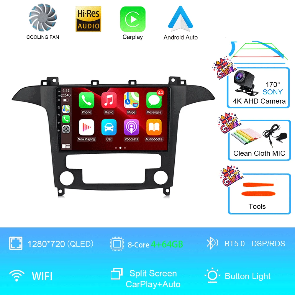 Android 16 voor Ford S-Max S-MAX 2007 2008 2009 2010 2011 - 2015 Videospeler Carplay Auto Multimedia Autoradio WIFI+4G DSP Stereo