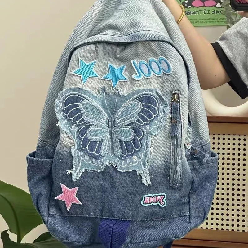 American Retro Large Capacity Denim Bag, Butterfly Star Student Schoolbag, Mochila de armazenamento para crianças