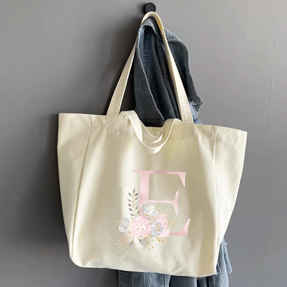 Ladies Shoppers Handbags Large Capacity School Canvas Tote Bags Shopping Bags Pink Flower Letter Series Pattern Shoulder Bags