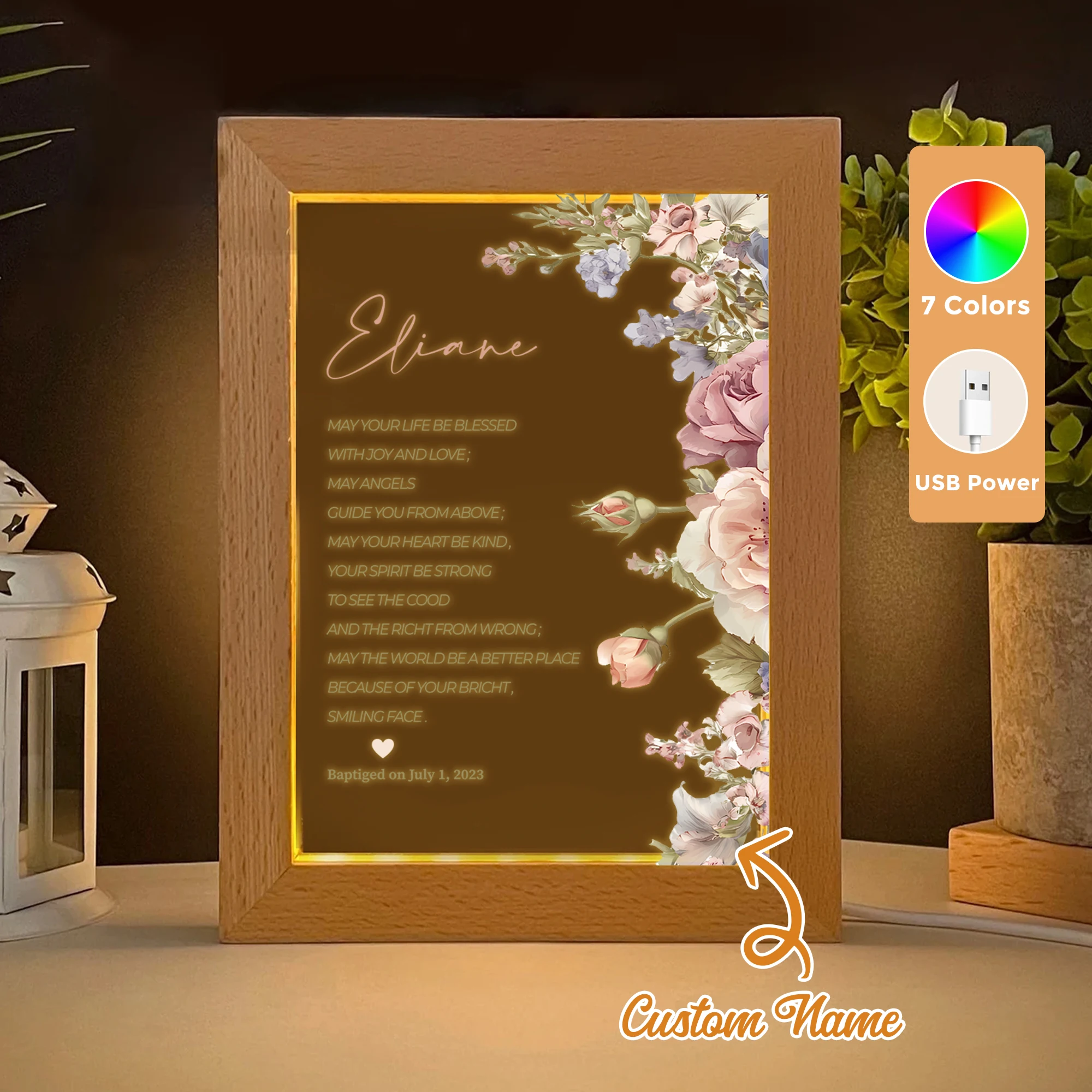 

2D Flat Custom Name Pray For Christian Baptism LED Acrylic Night Light Wood Photo Frame 21x17cm Family Bedroom Gifts Home Decor