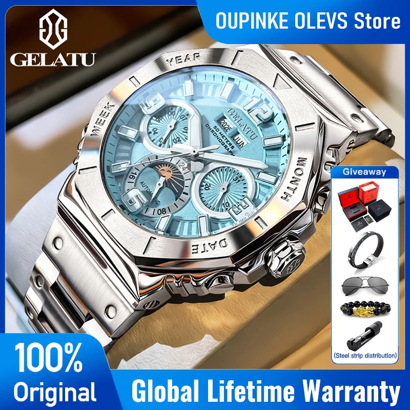 GELATU 6030 Luxus Herrenuhr Hochwertige Automatik-Mechanikuhr mit Ewiger Wochentagsanzeige ﻿   Mondphasen-Uhren für Herren in Geschenkbox