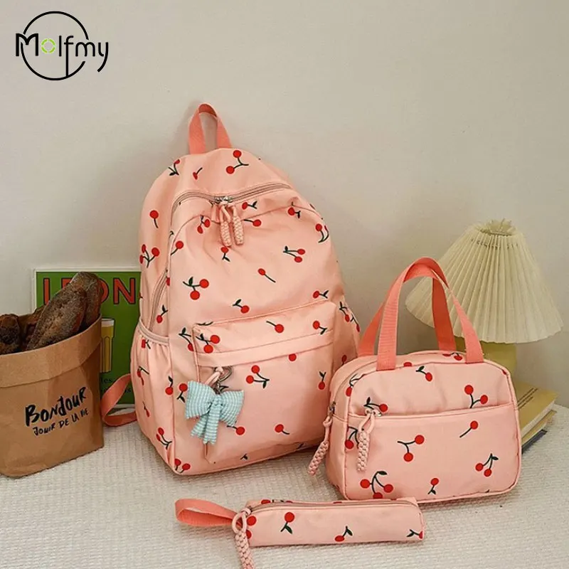 Zaini per studenti da 3 pezzi Zaino in ciliegio di grande capacità Zaino in nylon alla moda Zaino da viaggio leggero con tracolla regolabile