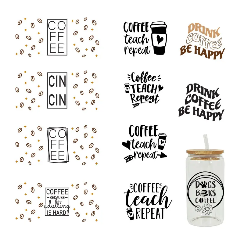 Кофейная тематика UV DTF Libbey, термоклейкая пленка для стеклянных наклеек 16 унций D608