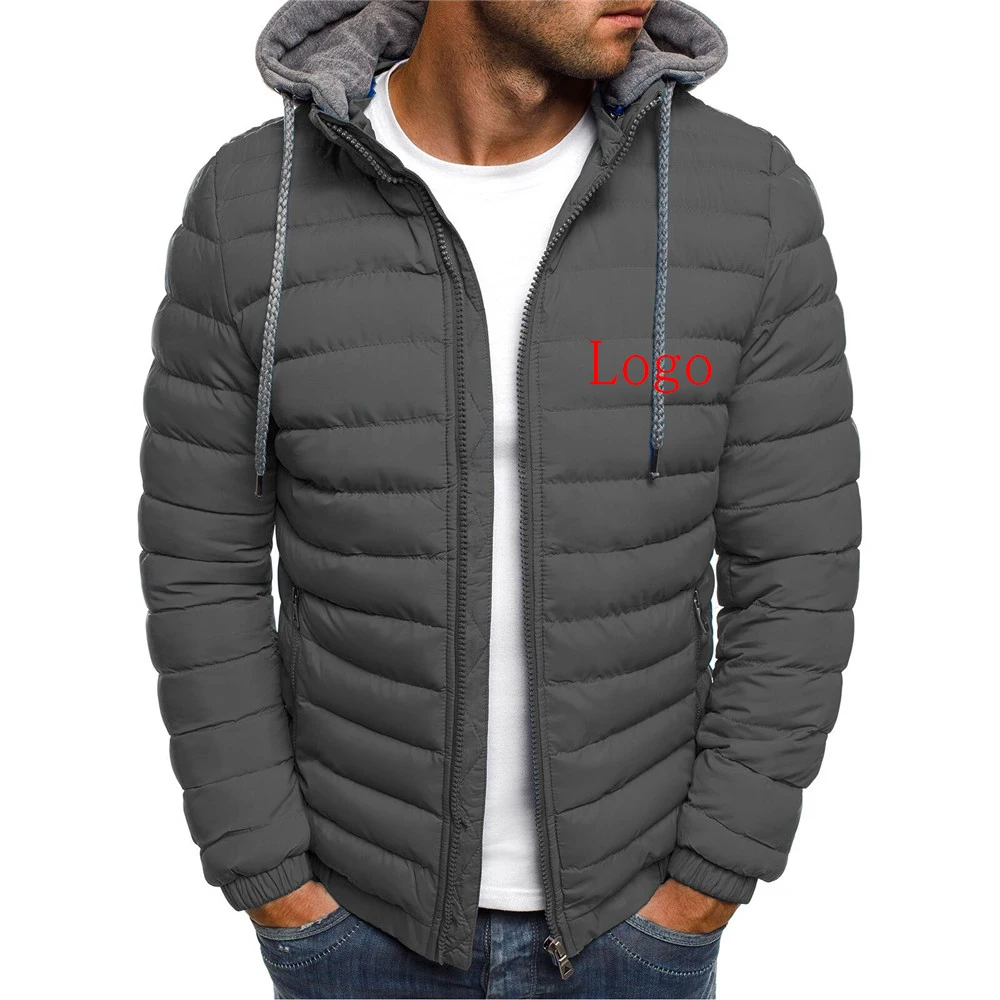 Custom LOGO Men Jacket Brand Winter Warm Zipper Hooded Pocket Fashion Casual Streetwear Windproof Male Cotton-Padded Coat S-3XL