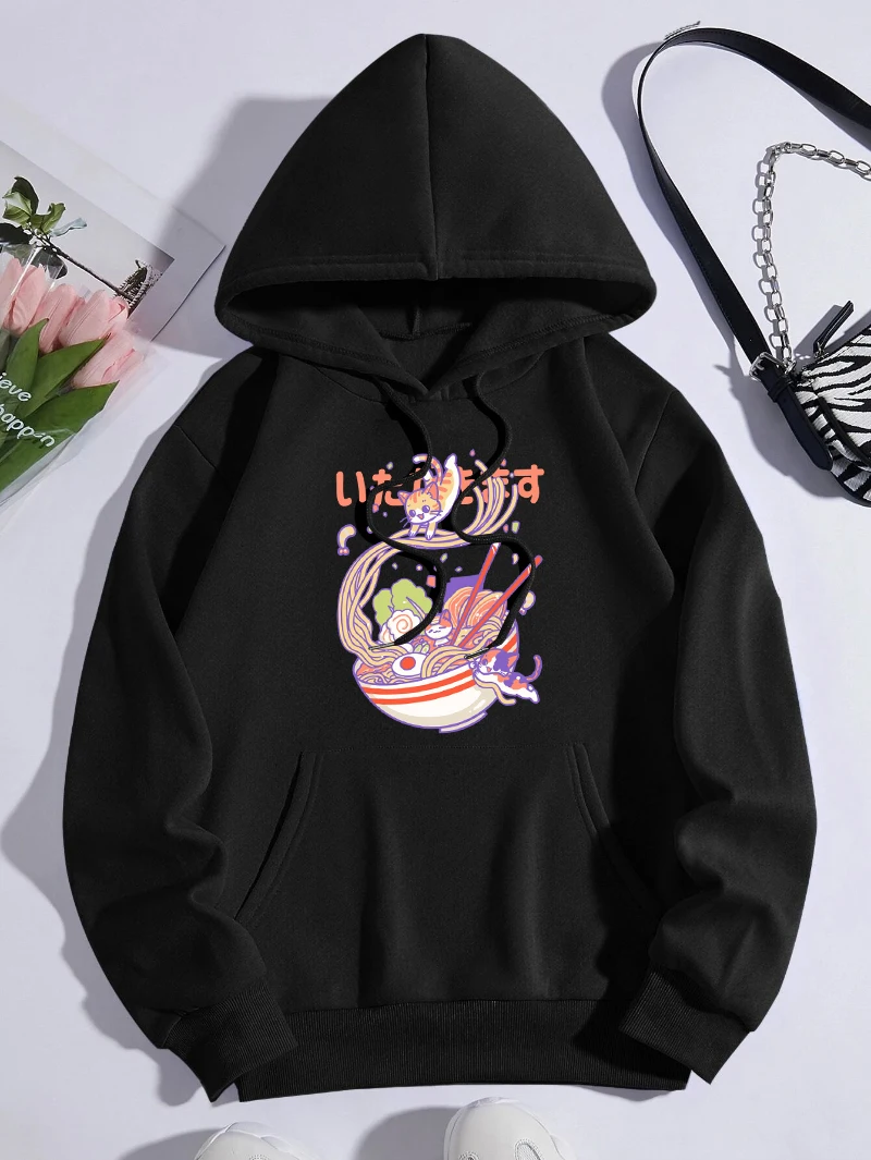 Japanese Noodles Hoodie Women Harajuku Cat Prints Sportswear Pocket Loose Fleece Warm Pullover Street Comfortable Woman Clothes