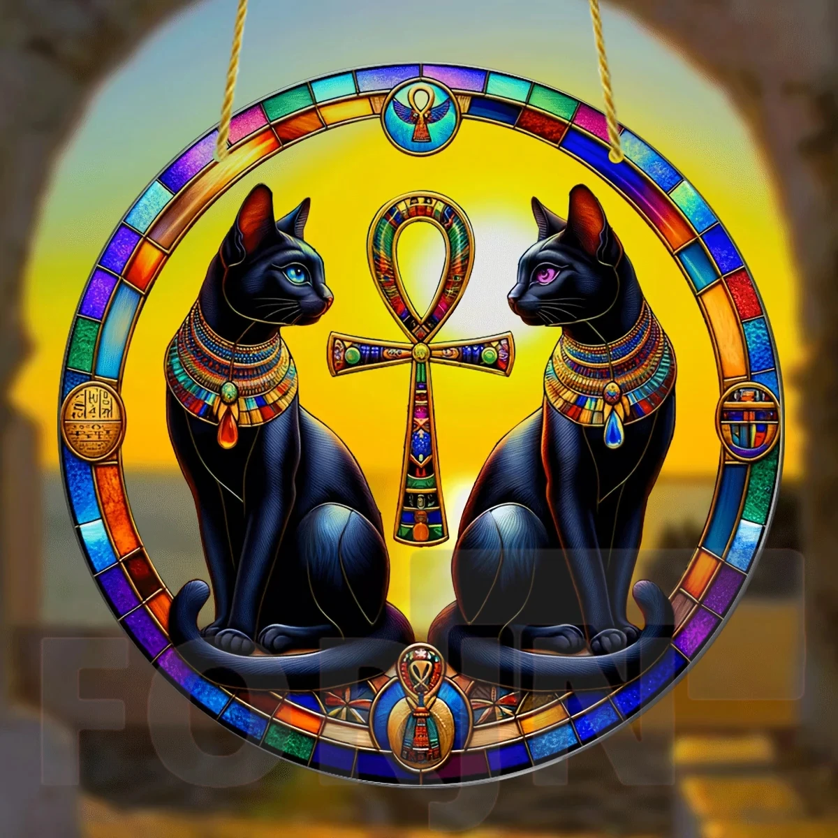 Egyptian Buster Cat Goddess,Pyramids,Key of Life Acrylic Suncatcher Round Sign,Home Room Wall Decor,Egypt Religious Themes Gifts