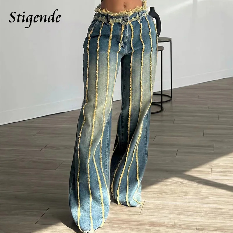 Stigende Trendy Shredded Pleated Jeans Women Distressed Wide Leg Straight Denim Pants