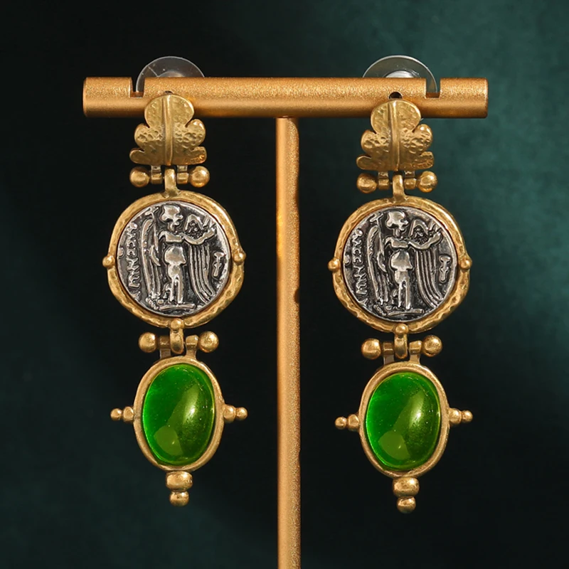 

Vintage Emerald Green Oval Natural Stone Dangle Earrings Pendant Gold Color Coin Antique Jewelry for Woman Accessories Luxury