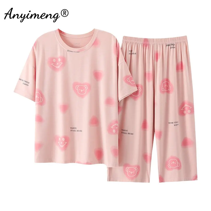 Conjunto de pijama hasta la pantorrilla para mujer, ropa de dormir de talla grande, Modal, con estampado a la moda, hasta la rodilla, de verano