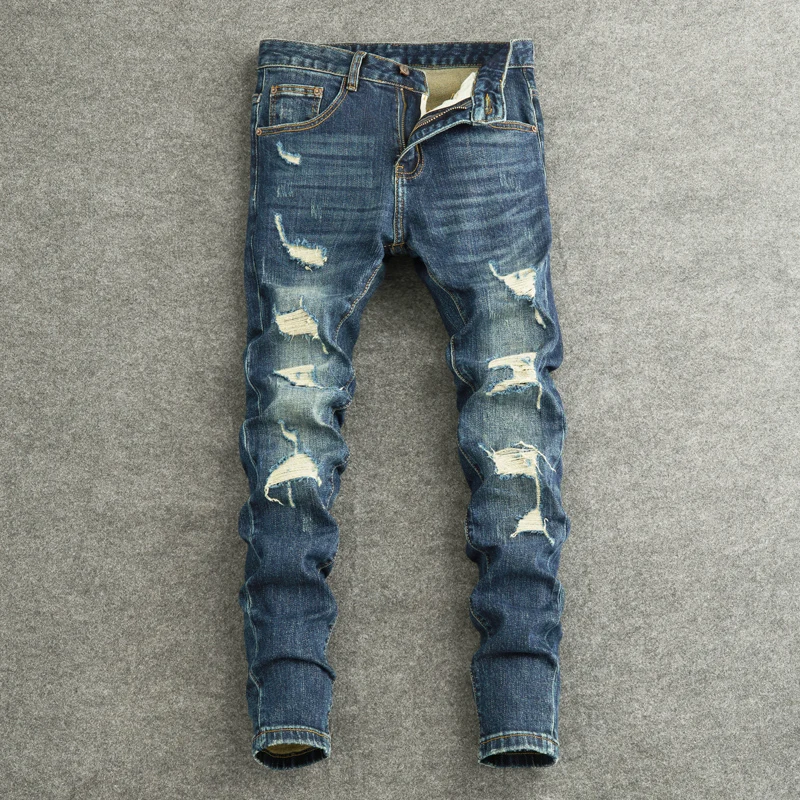 

Y2K Уличный дизайнер Модные мужские джинсы Ретро Синие эластичные облегающие рваные джинсы Мужские высококачественные винтажные повседневные джинсовые брюки
