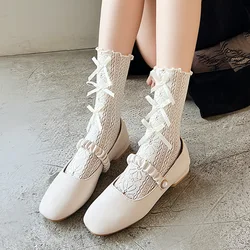 JK Lolita Meisjes Stroken Ruffle Sokken Effen Kleur Zwart Wit Lange Sokken Hol Ademend Japanse Kawaii Strik Leuke Sokken