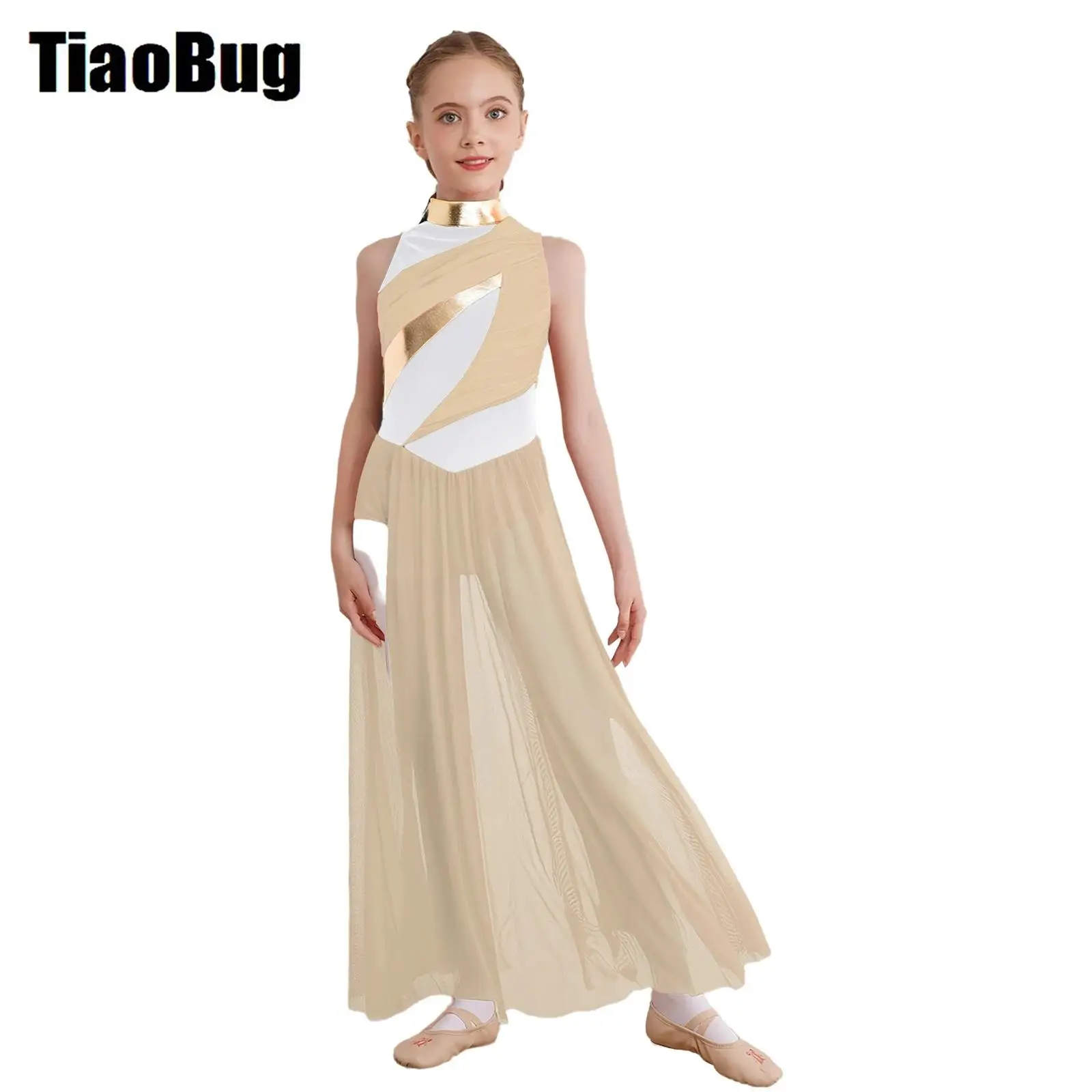 Ropa de baile contemporánea moderna para niñas, cuello simulado, sin mangas, corpiño superpuesto de malla, vestido de baile lírico de Ballet y gimnasia con abertura lateral
