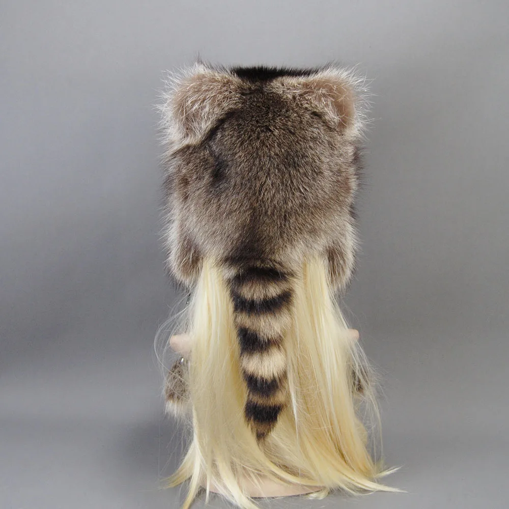 Winter Women  Real Animal Raccoon Fur Hat Multicolor Soft High Quality With Ear Flaps Tails ushanka Fashion Russian Warm caps