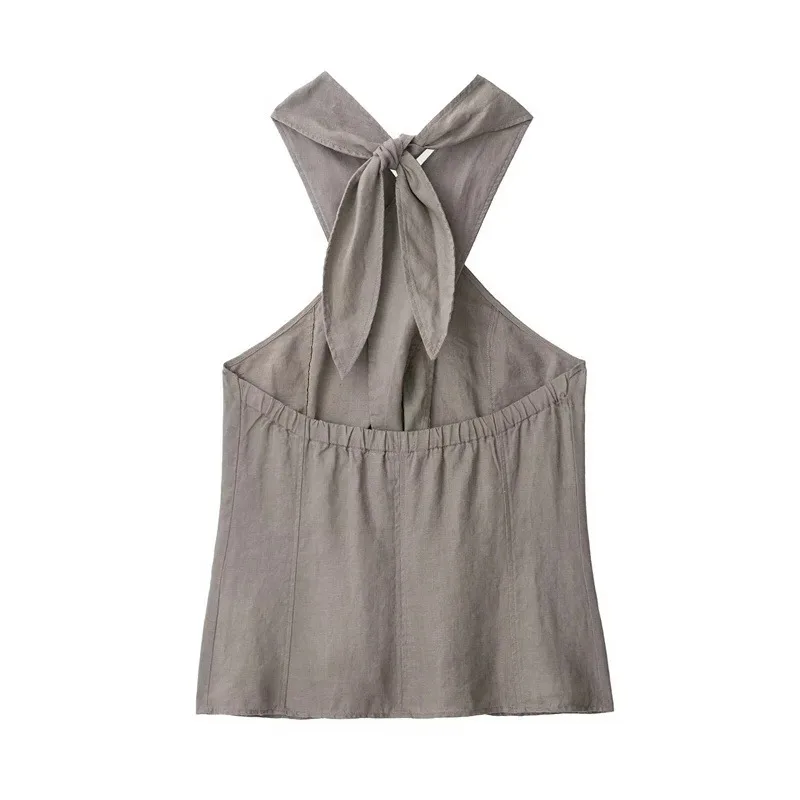Slim Fit Halter Neck Vest Top for Women with Retro Cotton Linen Skirt Set Sleeveless Chic Summer Fashion Top And Skirt Ensemble