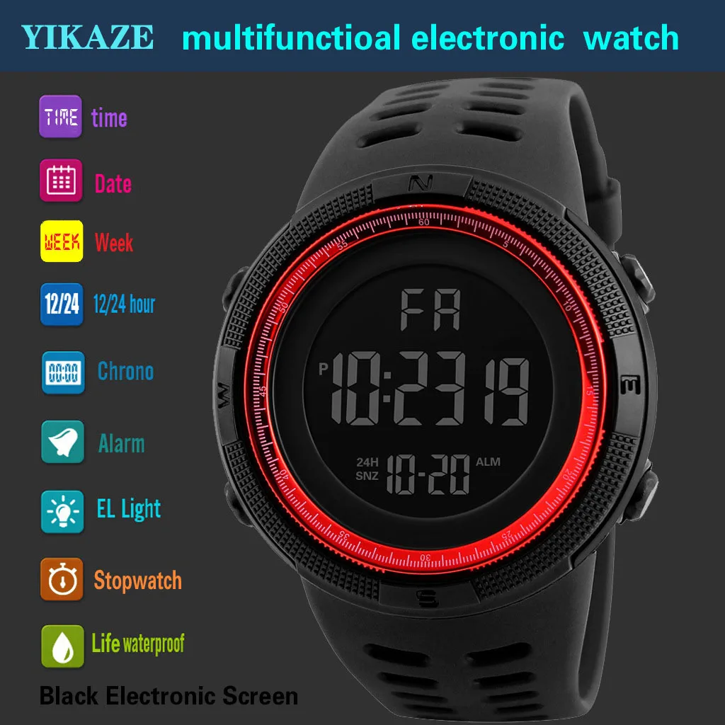 YIKAZE-Relógio eletrônico esportivo masculino, relógio multifuncional, mostrador grande, tendência de aventura ao ar livre, relógio luminoso, 50mm