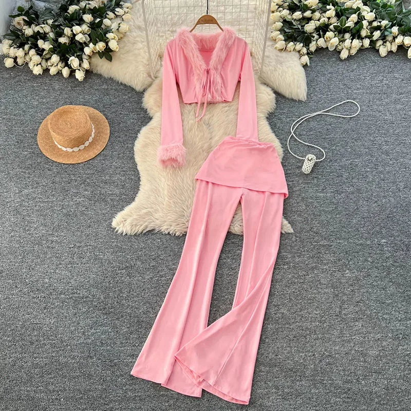 

Женские американские модные костюмы Hotsweet, укороченный меховой топ на шнуровке + базовые брюки-клеш, осенние тонкие брюки-кюлоты, комплекты из 2 предметов