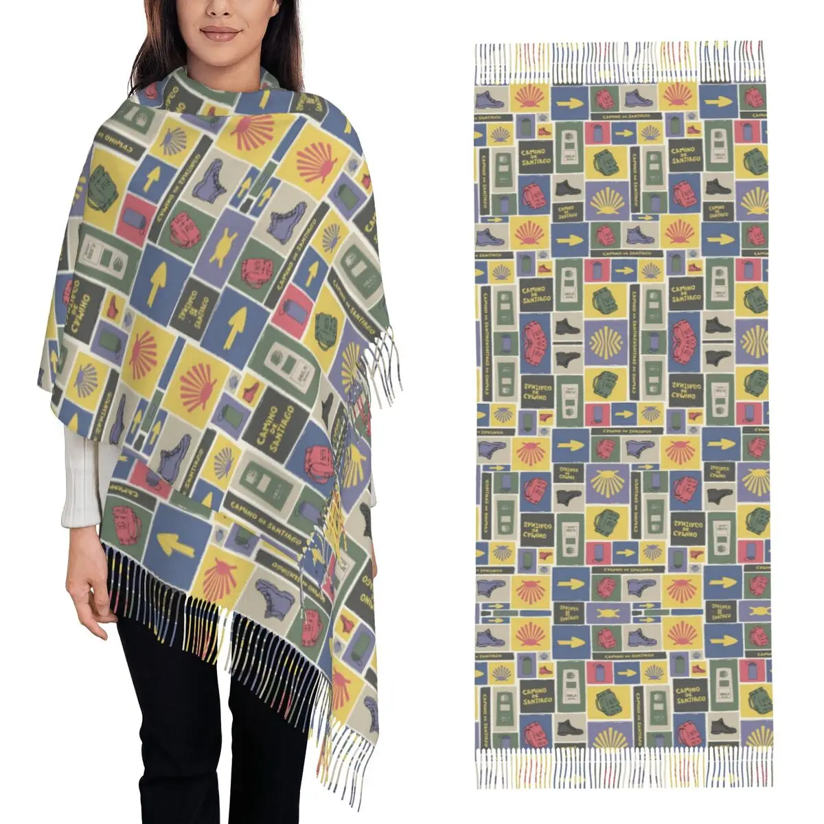 

Camino De Santiago Buen Camino Испания Пигримгмент Шарф Шарфы с кисточками Женские теплые шали и накидки Длинная осенне-зимняя шаль