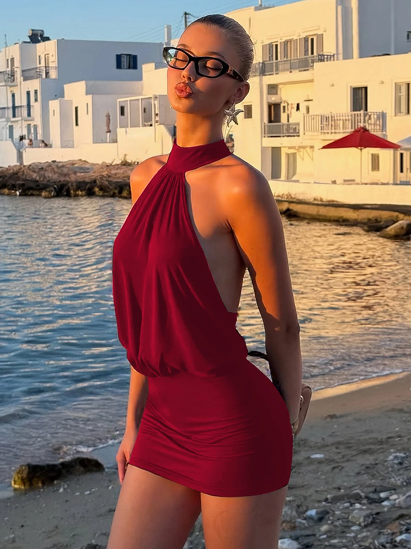 Sommermode Sexy Neckholder Ärmelloses Kleid mit Schnürung am Rücken, figurbetontes Minikleid, einfarbig, elegant, für Party, Club, Streetwear – Detail 17
