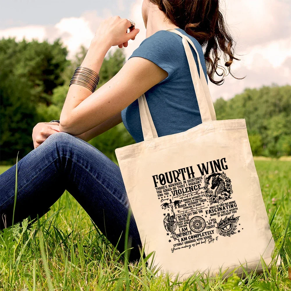 Vintage Fourth Wing Tote Bag Dragon Rider Basgiath War College Women Tote Bags Empyrean Series Fantasy SJM Bookish travel Bag