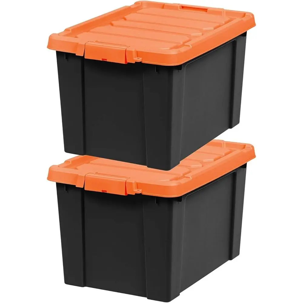 

2Pcs 20 Gallon Lockable Storage Bins with Lids, Stackable Heavy Duty Box for Garage Moving Equipment Storage, Black Orange