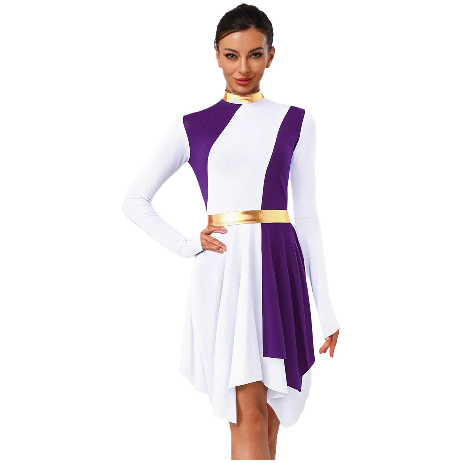 

Women Liturgical Praise Dance Dress Mock Neck Long Sleeve Metallic Collar Waist Back Zipper Asymmetrical Hem Modern Dance Dress