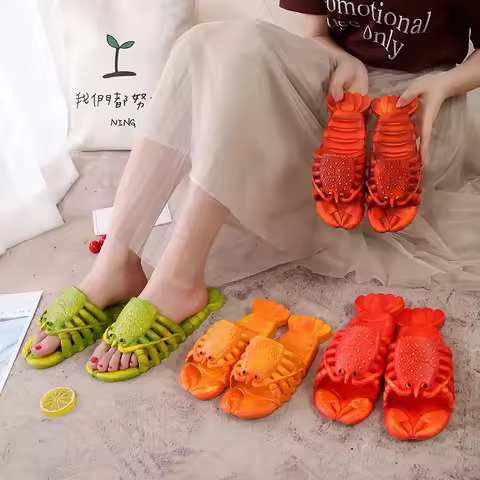 Summer Men and Women Couple Sandals and Slippers, Parent-child Cartoon Slippers, Funny Crayfish Beach Slippers