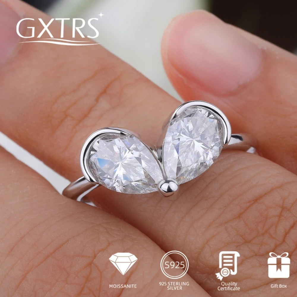 

GXTRS 3CTTW Pear Cut Moissanite Rings For Women 925 Pure Silver 2 Stone Waterdrop Lab Diamond Anniversary Gift Band Fine Jewelry