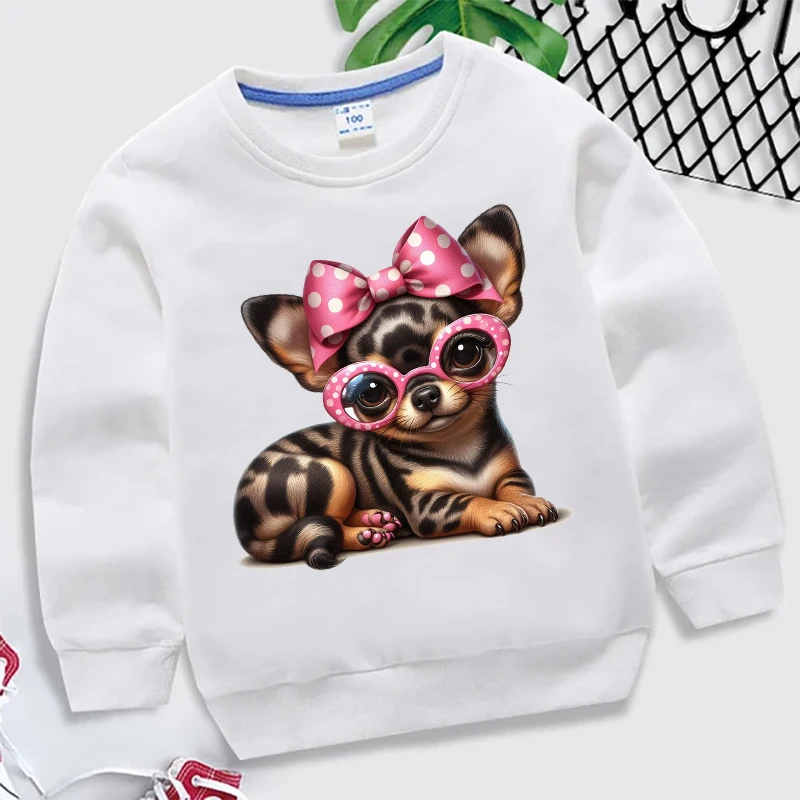 Autumn Children's Clothing Bow Tie Dog Cartoon Print Sweatshirt Baby Boys Crew Neck Tops Kids Coat Dog Wearing Glasses Pullovers