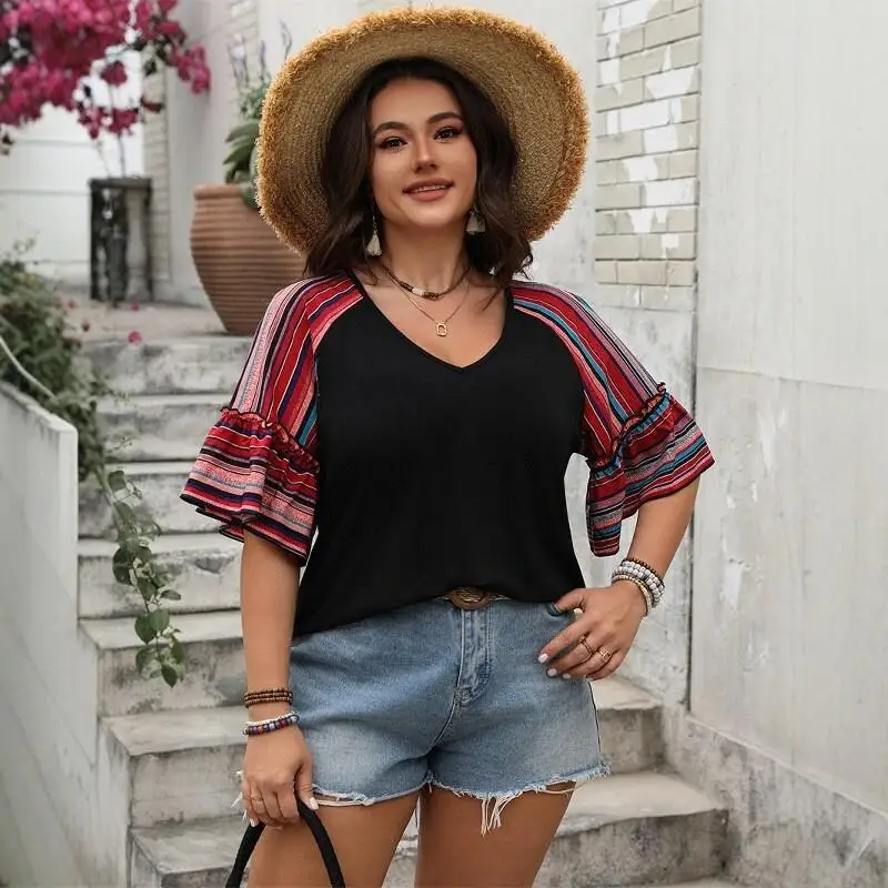 

plus Size V-Ne ort Sve T-irt for Women Casual Loose Fit Creative Pattern Large Size Fem Fat MM Top Summer Wear