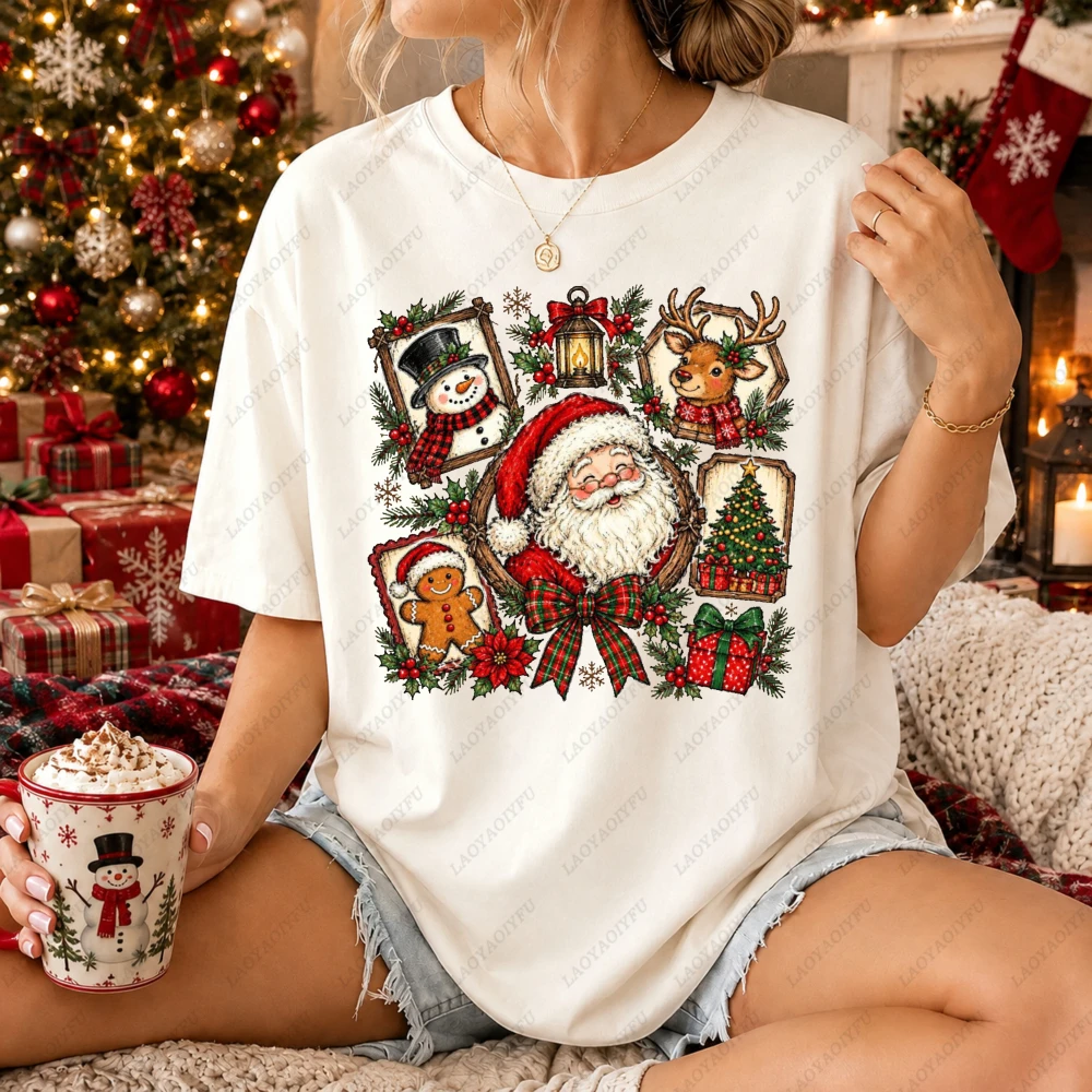 Christmas Patchwork Collage T Shirt Women Vintage Santa Snowman Reindeer Print Tee Short Sleeve Cotton Holiday Tops Nostalgia