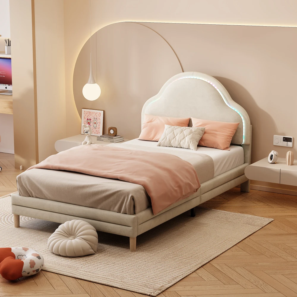 PINGGO Beige Samt Einzelbett 90x200cm Wolkenförmiges Kopfteil Farbwechsel-LED-Streifen Holzlatten Kinderbett Ohne Matratze – Detail 5