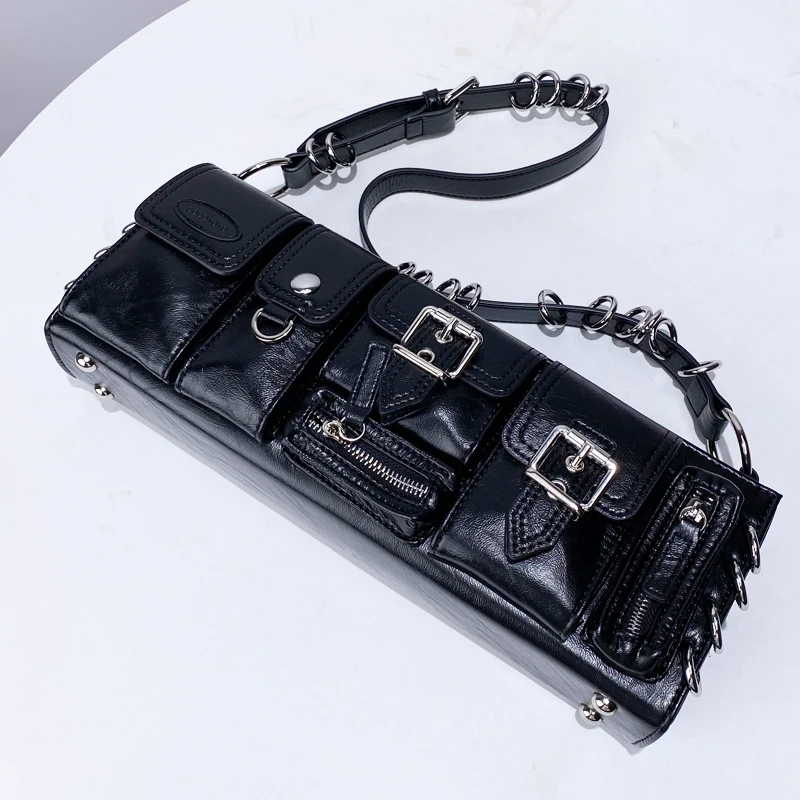 Moto & Biker Slim Shoulder Bags For Women Luxury Designer Handbag Purse 2023 New High Quality Metal Ring Decoration Underarm Bag