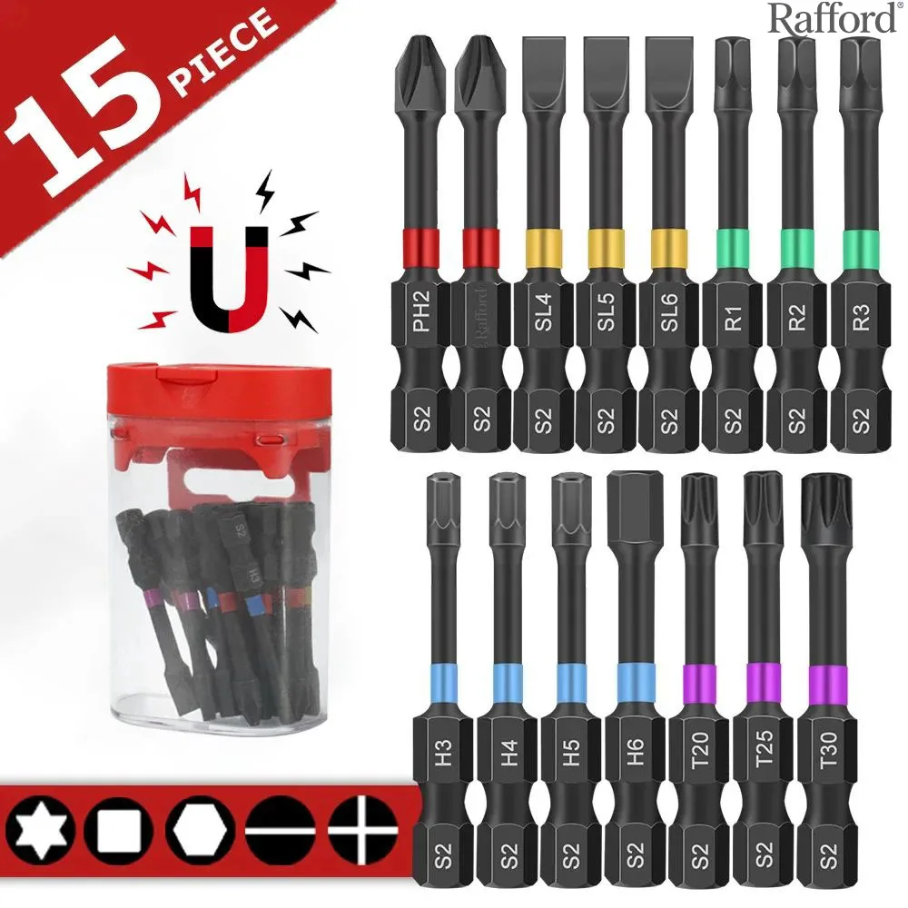 Rafford 15-Piece Strong Magnetic Non-Slip Impact Drill Bit Set, 2 Inches Long, Suitable for Impact Drivers and Cordless Drills