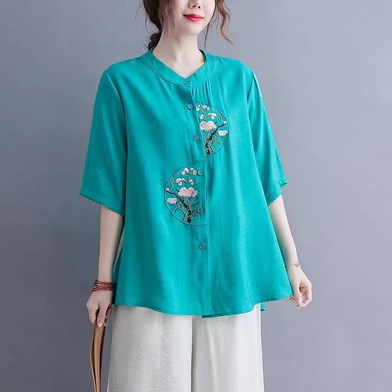 New Summer Women\'s Chinese Ethnic Style Embroidery Shirt Vintage Stand Collar Cotton Linen Blouse Ladies Loose Short Sleeve Tops