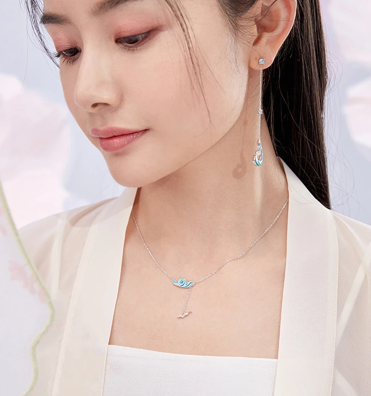 Platinum-Plated Wave Sea Gull Women Necklace Girl Cross Chain Enamel Copper Alloy Clean Stone Pendant Jewellery