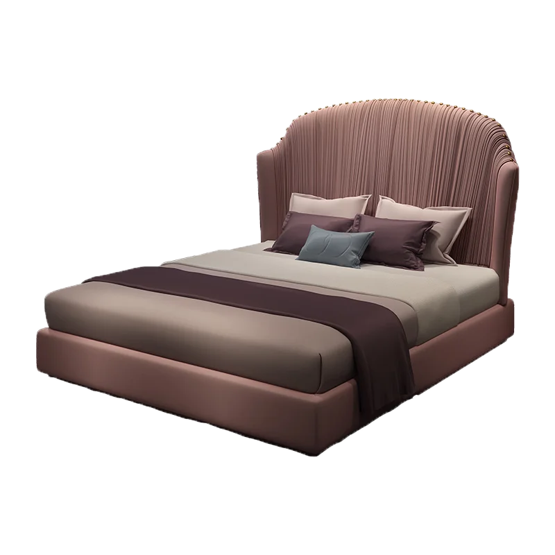 

Simple pink princess, pleated, solid wood velvet fabric bed