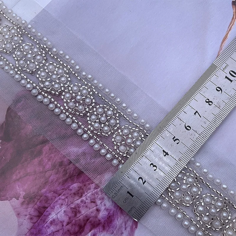 1 Yard Pearl Beaded Trim Bridal Lace Ribbon Embroidered Beads Applique Trim Straps for Crafts Sewing Wedding Dress DIY Fabric