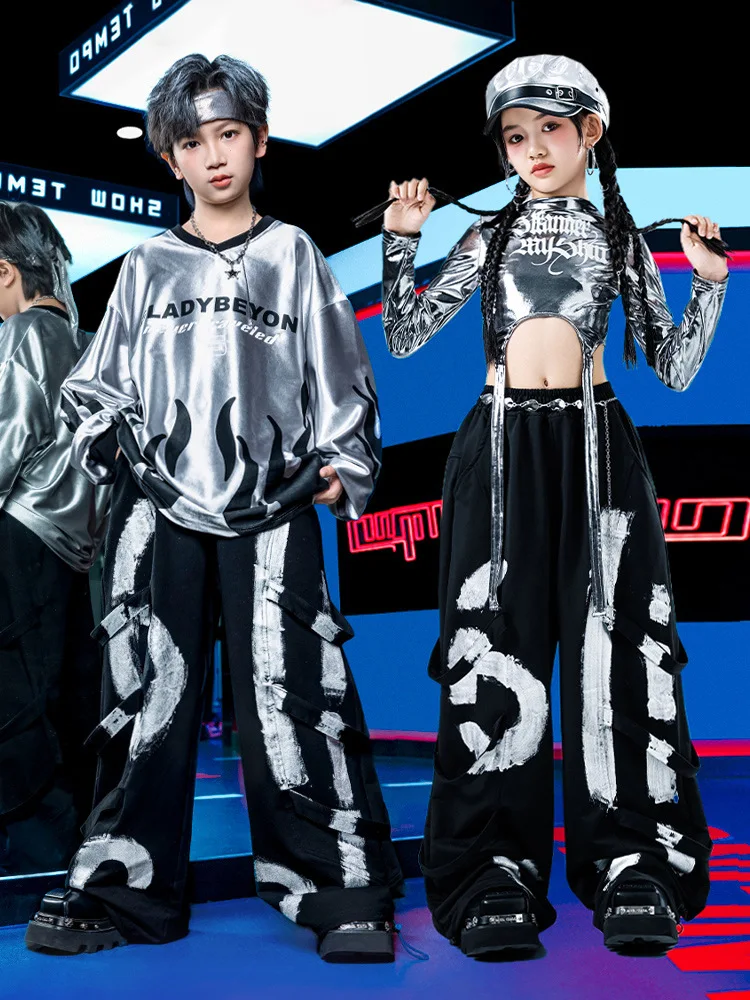 Dziecięca odzież Kpop Hip Hop Szara bluza z płomieniami Krótki top Graffiti Spodnie dresowe na szelkach dla dziewczynki i chłopca Stroje do tańca ulicznego