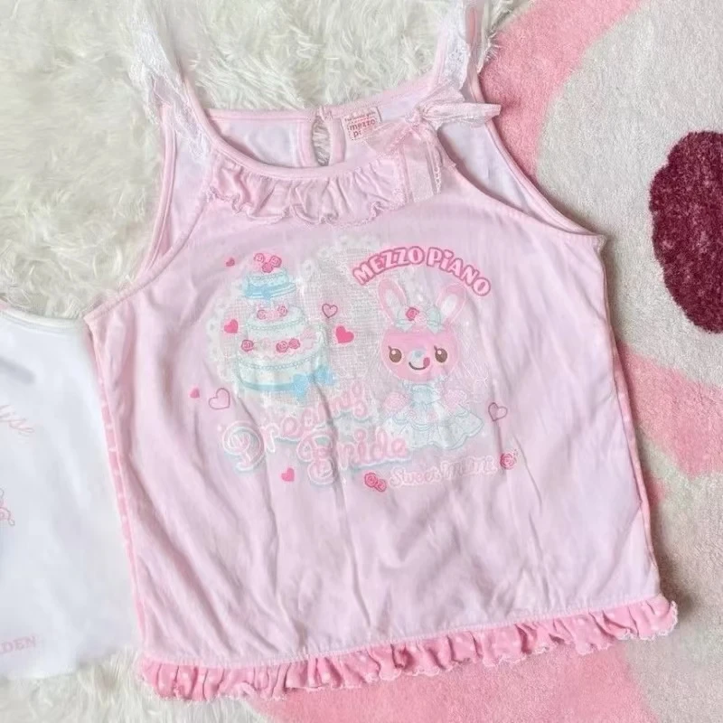 Japanese Cute Summer T-shirt Cartoon Print Sweet Kawaii Y2k Tank Top Cake Party Girl Short Pink Tops Aesthetics Tees Streetwear