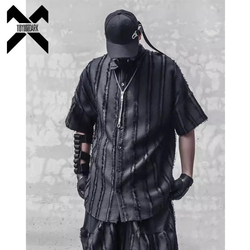 2024 Summer Striped Tassels Shirt Men Goth Punk Loose Short Sleeve Shirts Hip Hop Streetwear Cool Tops Black