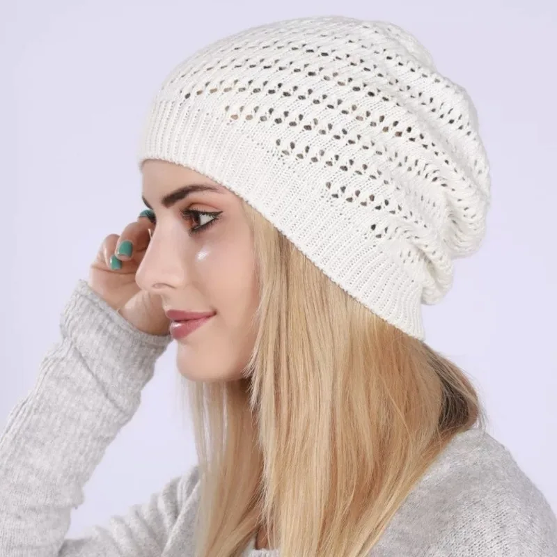 Stylish Warm Thick Knitted Wool Beanie Hat for Women Autumn Winter Hollow Out Pick Hole Design Face Slimming Cozy Soft Cap