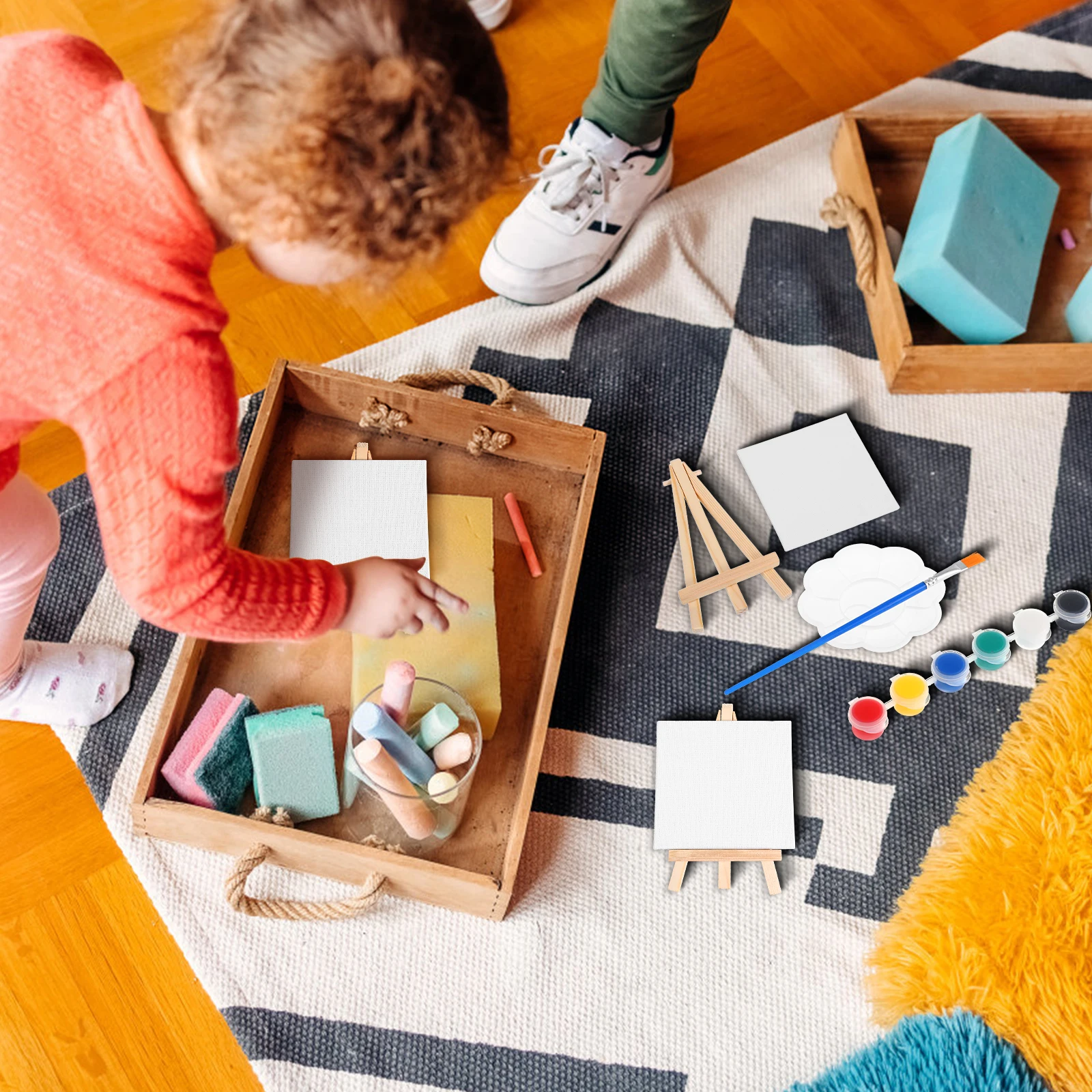 

6Sets Mini Oil Painting Kit Small Canvas Kit Tabletop Wood Easels Paints Brushes Palette Craft Supplies for Beginners Artists