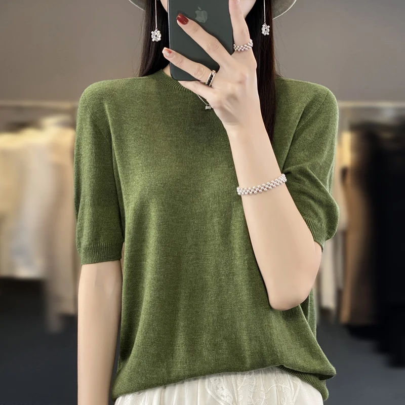 Summer O-Neck Cashmere Sweater Solid Color Half Sleeve women\'s Loose Cashmere Short Sleeve Top